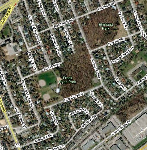 Google Satellite Map of the Frank Ryan Park Area