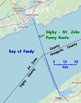 Map of the Digby - Saint John Ferry Route