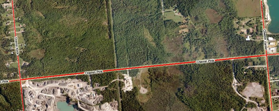 Bing Satellite Image of the Chemin Pink (Road) between Chemins Vanier and Klock (Roads) Area