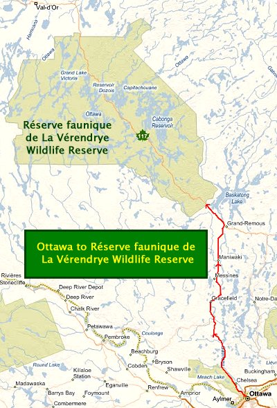 Ottawa to Réserve faunique de La Vérendrye Wildlife Reserve Route Map (MS Virtual Earth Maps)