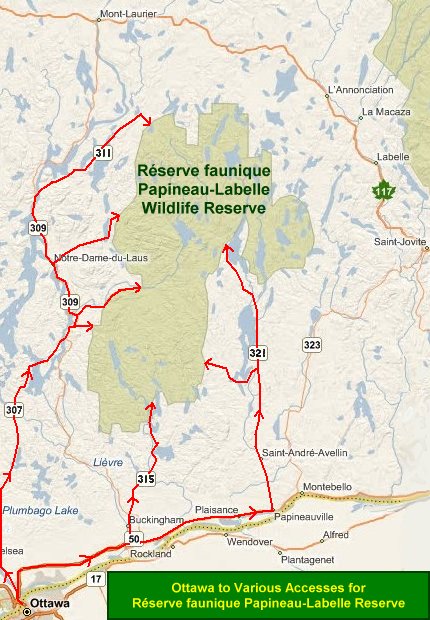Ottawa to Various Accesses for Réserve faunique de Papineau-Labelle Wildlife Reserve Route Map (MS Virtual Earth Maps)