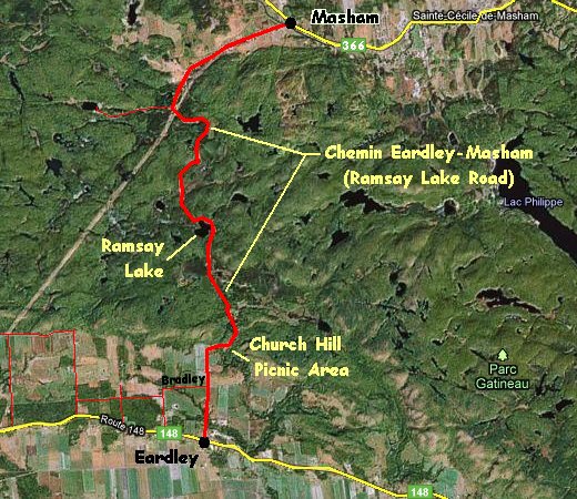 Google Satellite Image Map of the Chemin Eardley-Masham (Ramsay Lake Road) Area