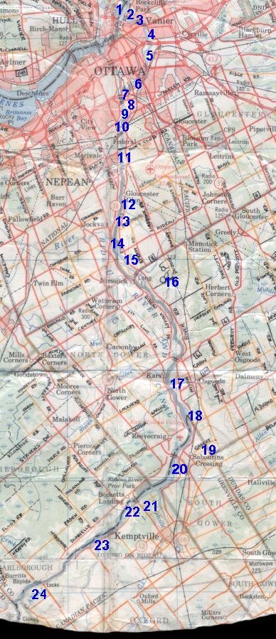 Map of the Rideau River East Side Route - Please select a Site